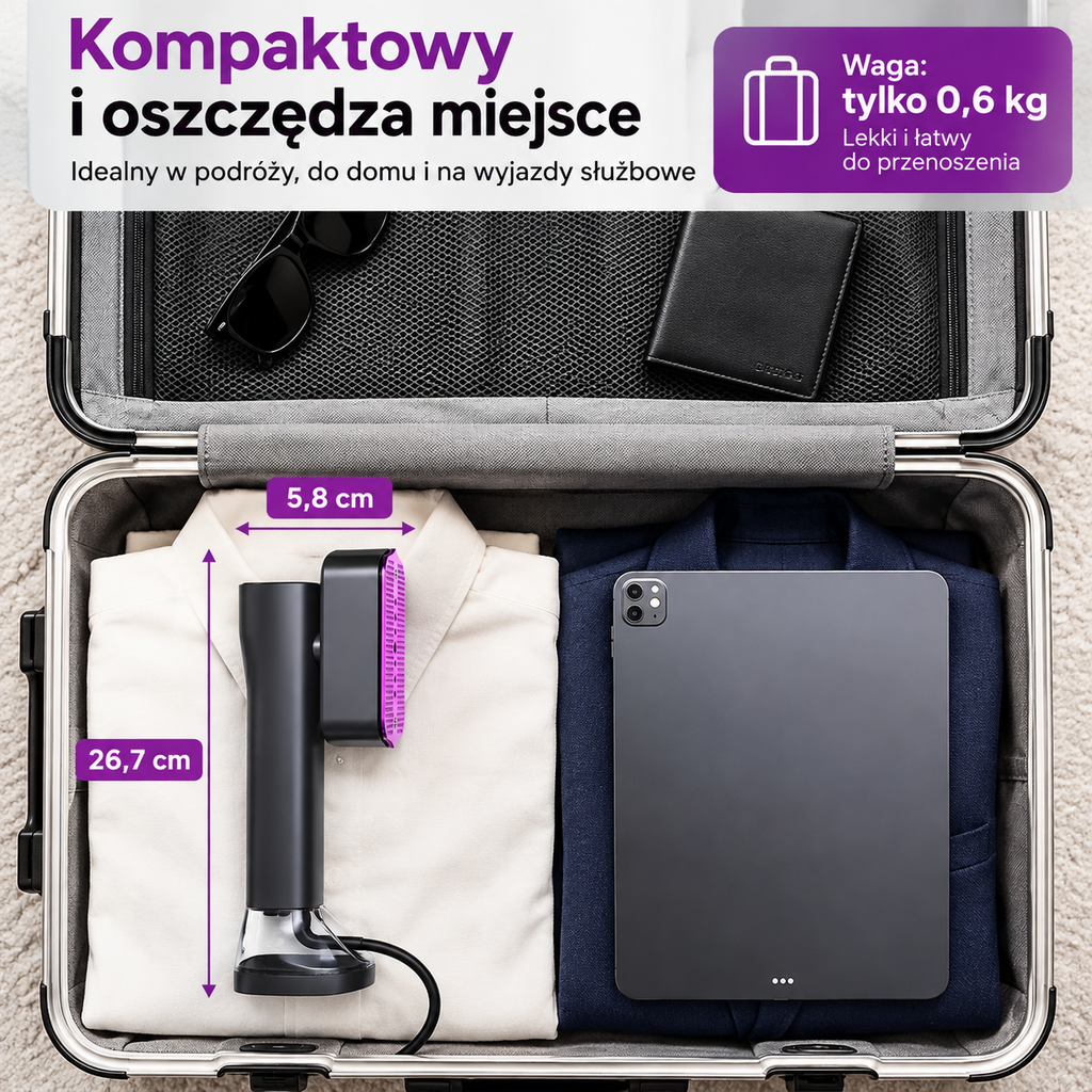 Parownica 2w1 w walizce – ok. 26,7 × 5,8 cm, waga ok. 0,6 kg