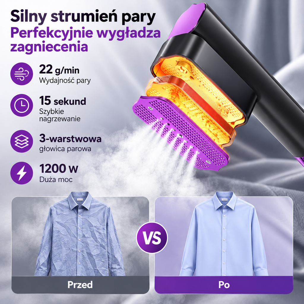 Strumień pary z parownicy 2w1 i koszula przed i po wygładzeniu