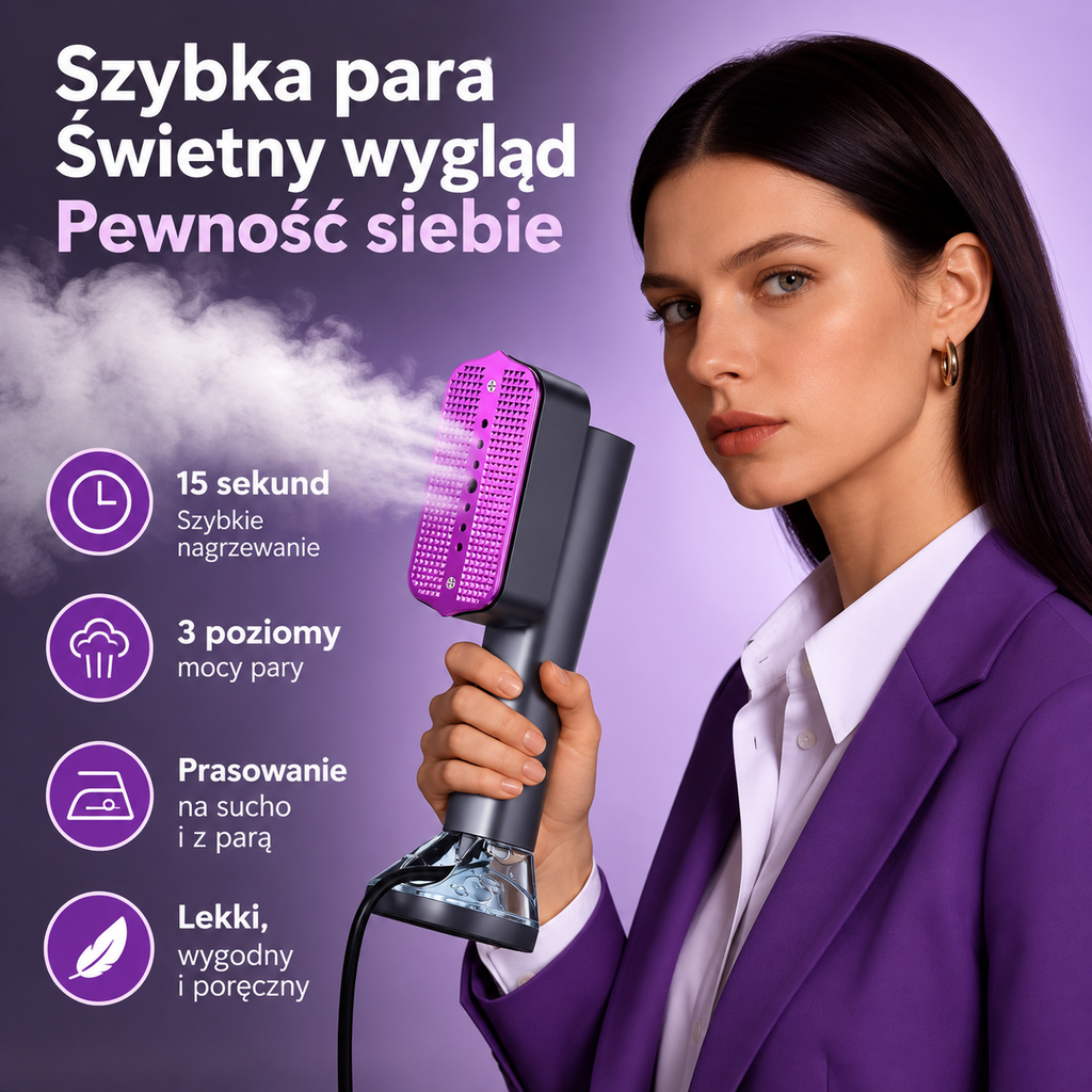 Fioletowa parownica 2w1 w dłoni – prasowanie na sucho i z parą