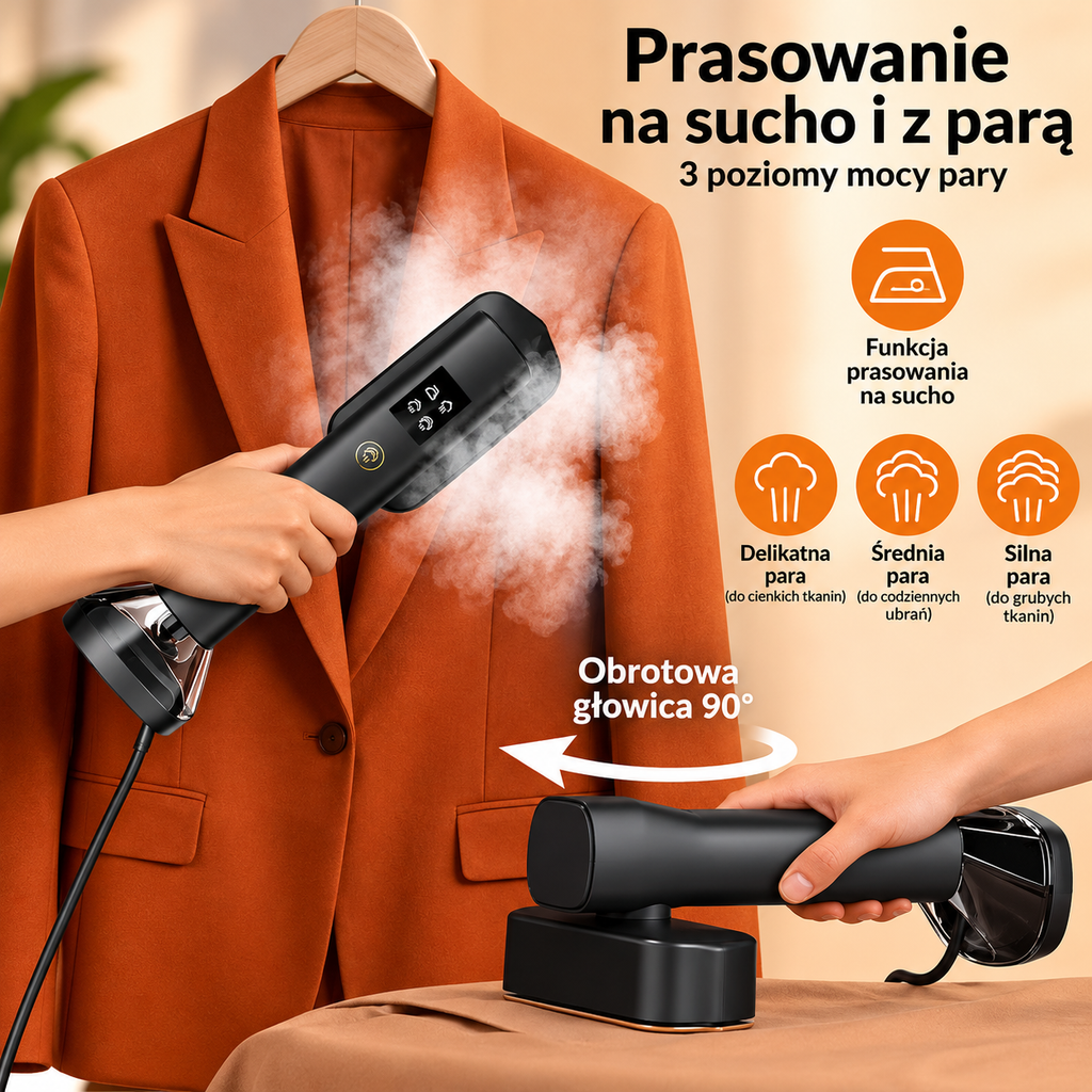 Parownica 2w1: prasowanie na sucho i parą, 3 poziomy pary, obrotowa głowica 90°