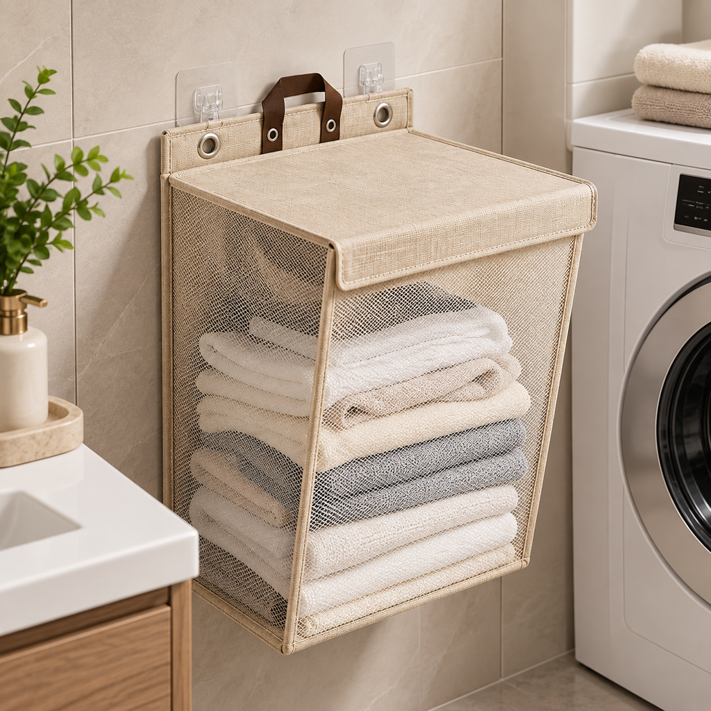 Zestaw do małej łazienki MAKEROOM – kosz FoldBasket™ w kolorze beżowym