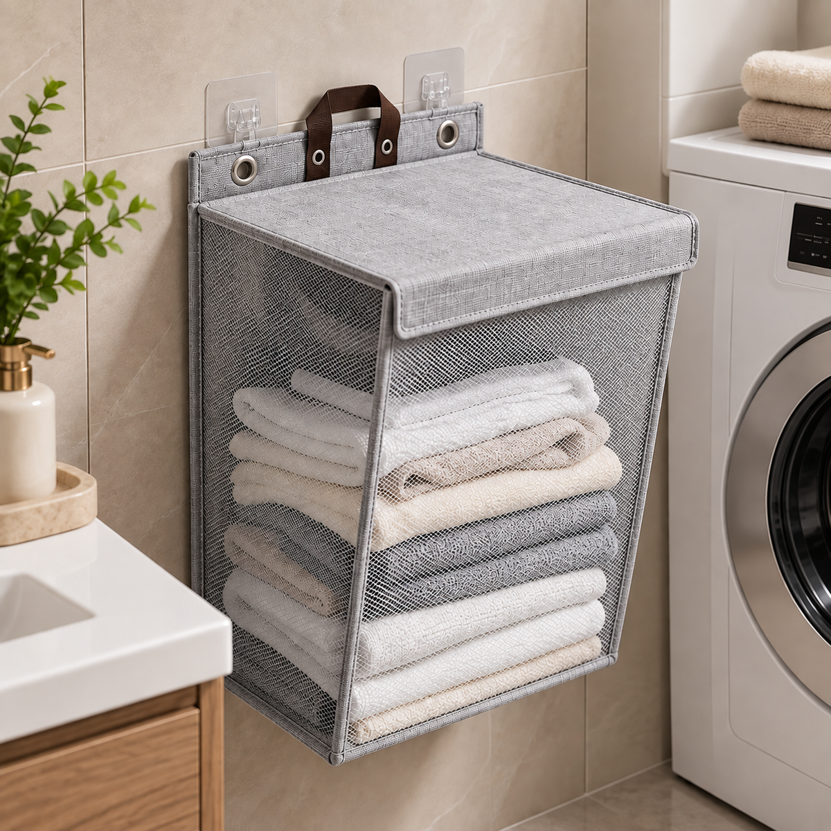 Zestaw do małej łazienki MAKEROOM – kosz FoldBasket™ w kolorze szarym