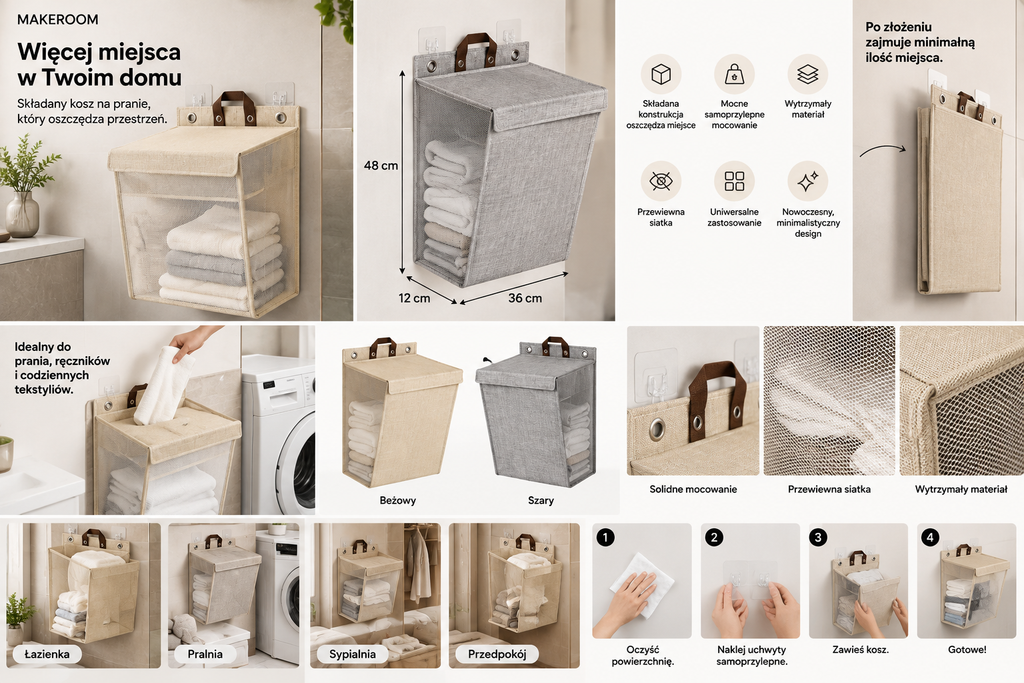 FoldBasket – wymiary 48 × 36 × 12 cm, kolory beżowy i szary, kosz po złożeniu, montaż na uchwytach samoprzylepnych