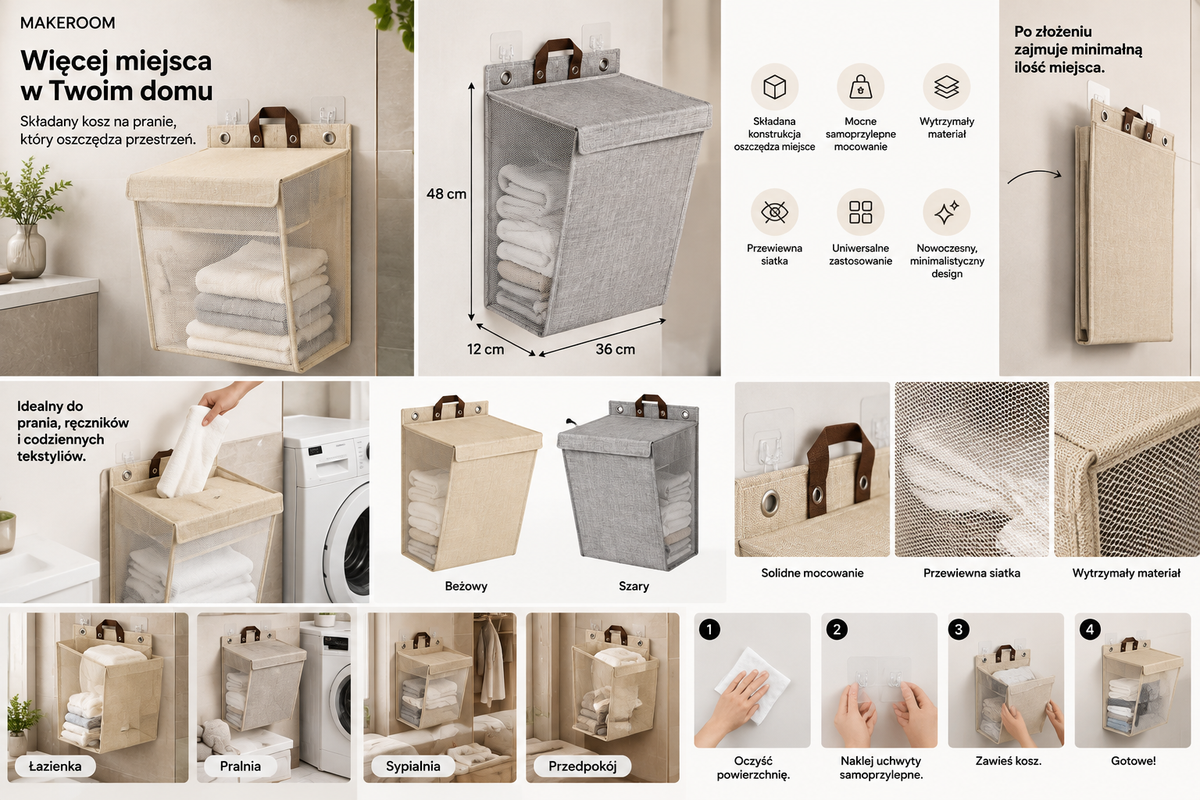 FoldBasket – wymiary 48 × 36 × 12 cm, kolory beżowy i szary, kosz po złożeniu, montaż na uchwytach samoprzylepnych